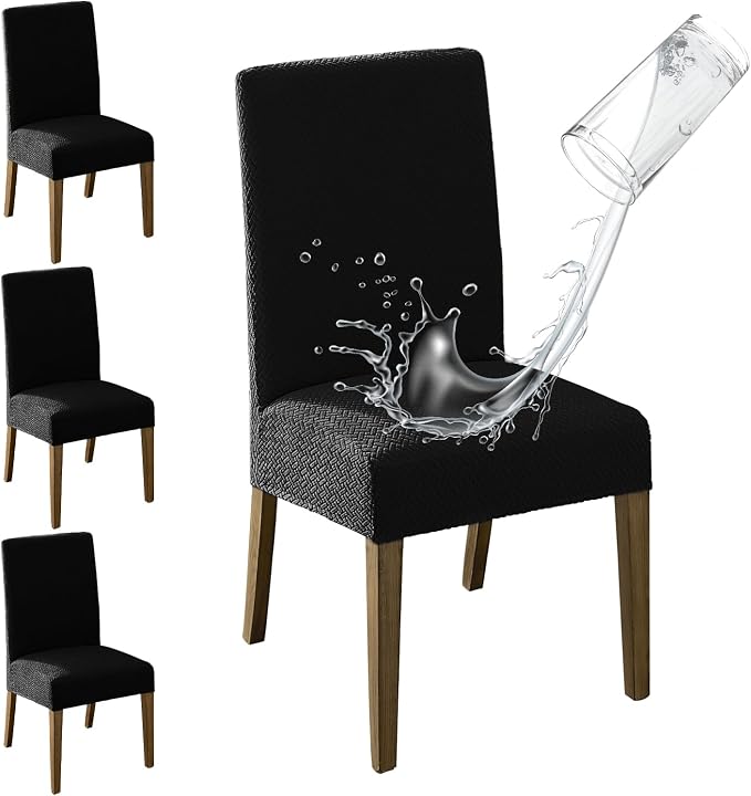 MOSAYT 100% Waterproof Dining Room Chair Covers Set of 4, Super Fit Stretch Jacquard Parson Chairs Slipcovers Removable Washable Chair Seat Protectors for Home, Kitchen, Banquet (Black) by MOSAYT