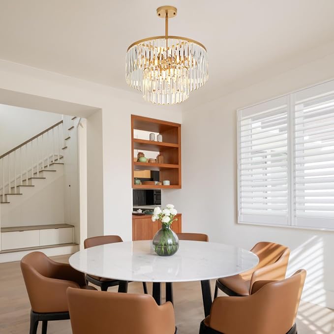 17.7" Gold Semi Flush Mount 2-Tier Crystal Ceiling Light Fixtures for Dining Room Modern Industrial 8-Light Chandeliers Lighting for Bedroom Entryway Hallway Kitchen Island Living Room Foyer - Image 5