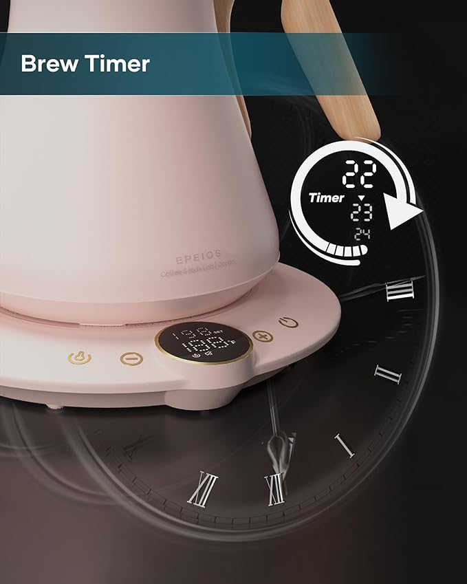 Gooseneck Electric Kettle with ±1℉ Temperature Control for Pour Over Coffee & Tea, Quick Heating, BPA-Free Stainless Steel, Built-in Brew Timer, 1500W/0.9L (Petal Pink)