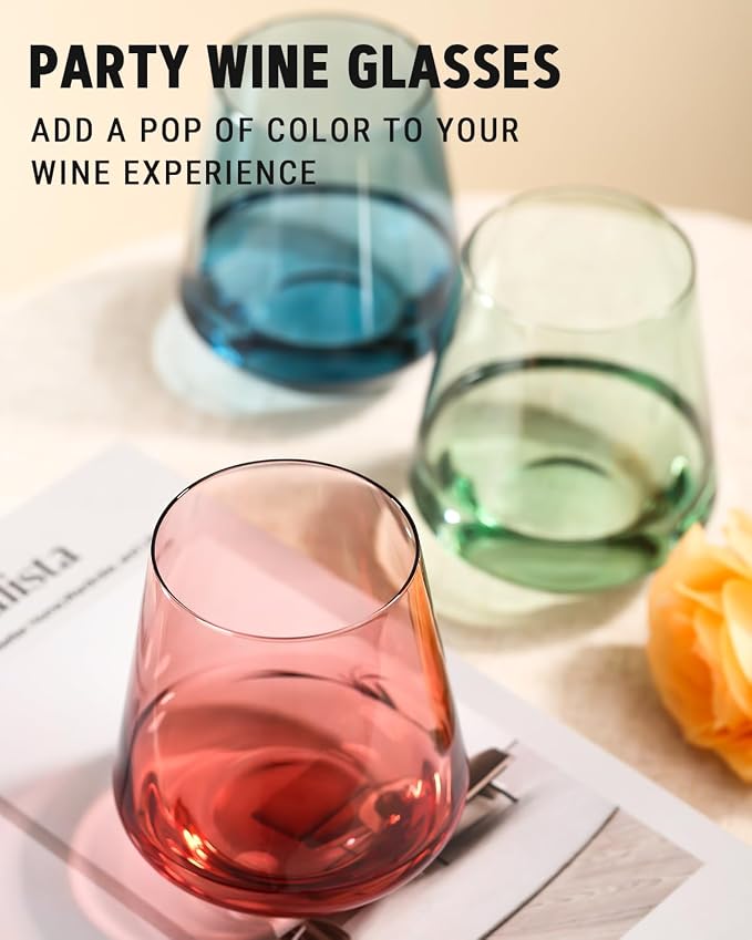 comfit Colored Stemless Wine Glasses Set of 6-17 oz Hand-Blown Crystal Colored Glassware with no Stem, Multicolor Glassware for Lovers, Wedding, Birthday, Mother's Day Housewarming Gifts for Women - Image 3