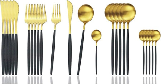 JASHII Silverware Set, 24-Piece Stainless Steel Flatware Set,Kitchen Utensil Set Service for 6,Tableware Cutlery Set for Home, Dishwasher Safe (Matte Black handle gold) by JASHII