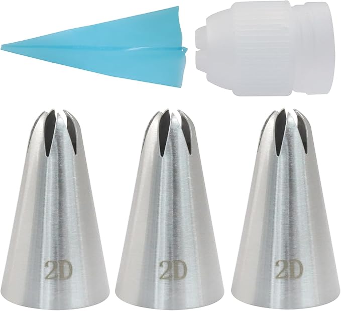 3 Pcs 2D Piping Tips, Stainless Steel Decorating Seamless Nozzles Icing Tips with Coupler Adapter & 12In Silicone Pastry Bag, Baking Tools for Birthday Cakes/Cupcakes/Cookie