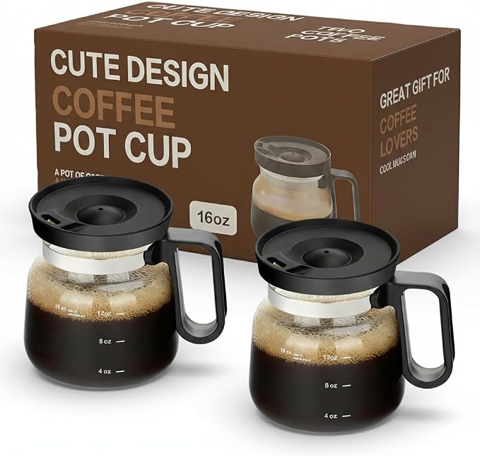 16 Oz Coffee Pot Mug,Mini Coffee Pot Cup,with Spill Proof Lid Heatproof Glass Mug Large Capacity ideal Gift for Coffee Lovers (2Pcs) by ShelprojsuLEDWallSconce