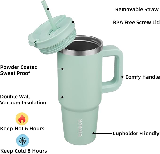 BJPKPK 30 oz Insulated Tumbler with Handle & Straw, Stainless Steel | Double Wall Vacuum Insulation, Leak Proof, BPA Free, Dishwasher Safe, Cupholder Friendly, Travel & Outdoor, Pistachio Green - Image 2