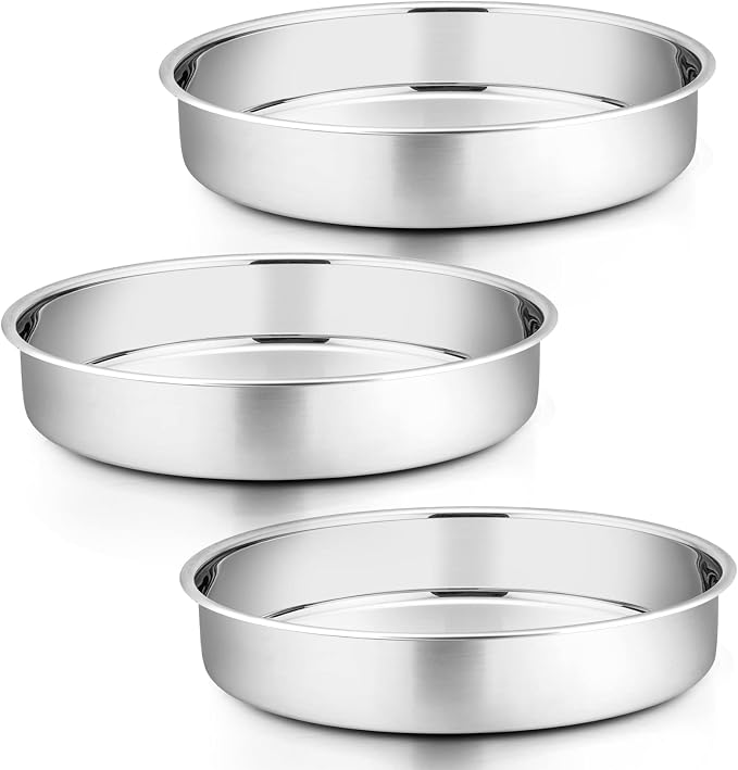P&P CHEF 11 Inch Round Cake Pan Set of 3, Stainless Steel Baking Cake Pans | Round Baking Cake Pan Bakeware for Layer Birthday Cake, Fit Oven/Pots/Pressure Cooker, Leakproof & Dishwasher Safe, Silver by PPCHEF