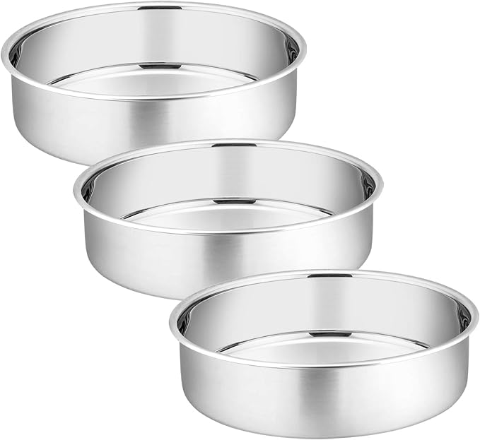 P&P CHEF 6 Inch Round Cake Pan Set of 3, Stainless Steel Baking Cake Pans | Round Baking Cake Pan Bakeware for Layer Birthday Cake, Fit Oven/Pots/Pressure Cooker, Leakproof & Dishwasher Safe, Silver by PPCHEF