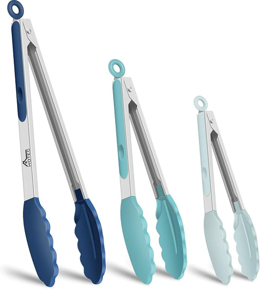 HOTEC Premium Stainless Steel Locking Kitchen Tongs with Silicon Tips, Set of 3-7", 9" and 12" (Gradient Blue) by Hotec
