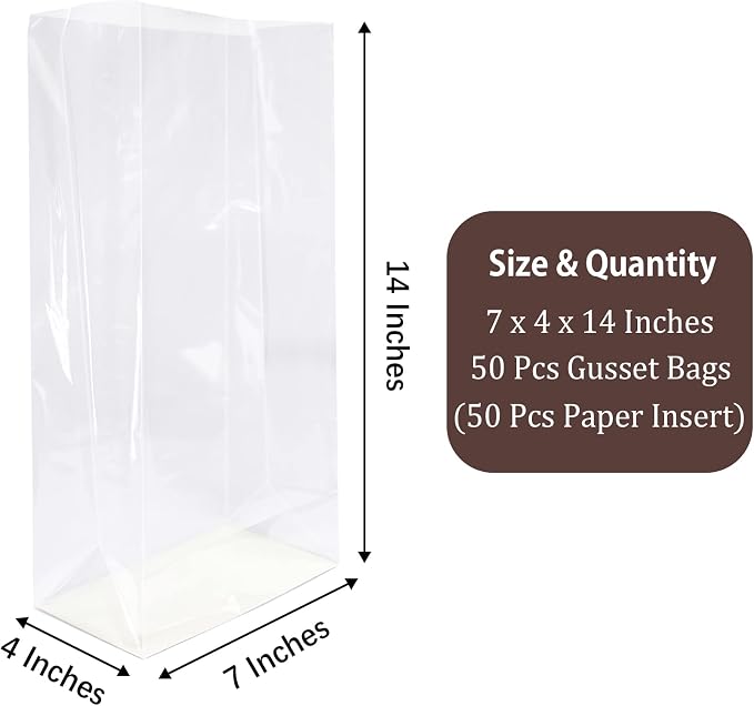 Morepack Gusseted Flat Bottom Cellophane Bags 7x4x14 Inch 50Pcs | with Paper Insert - Image 2