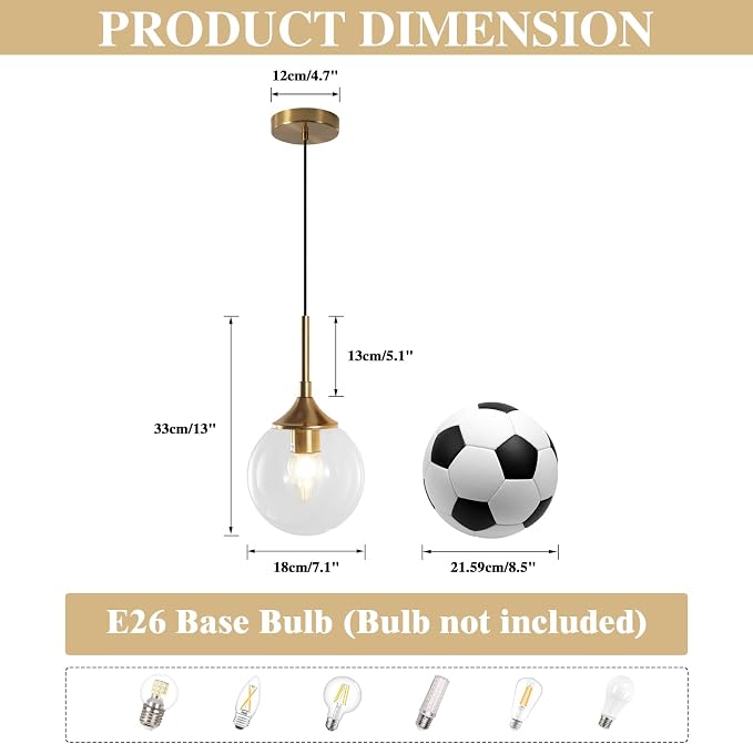 KCO Lighting Brass Gold Small 7.1” Clear Bubble Glass Globe Pendant Light | E26 Base, Sloped Ceiling, Mid Century Modern Adjustable Hanging Ceiling Lamp for Kitchen Island Sink Dining Table Bedroom Bar - Image 2