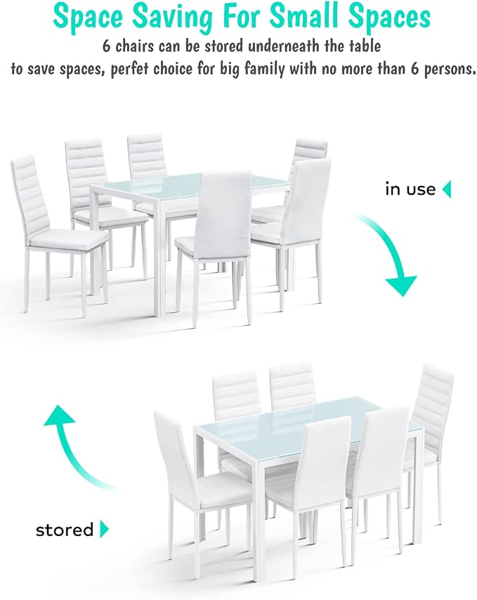 Gizoon White 7 Piece Glass Dining Table Set, Kitchen Table and Chairs Set | PU Leather Modern Dining Room Furniture,Dining Table Sets,Space Saving Table and Chairs Set for Home, Kitchen, Living Room - Image 9