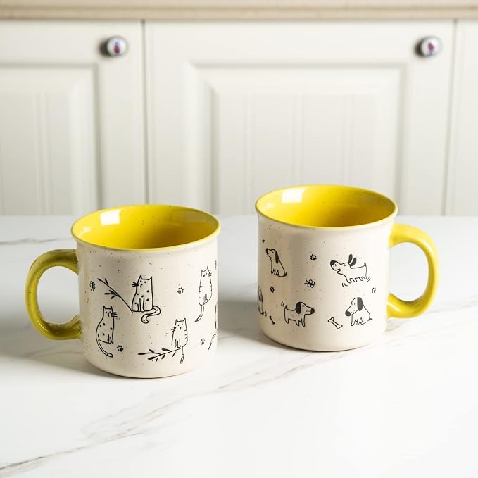 AmorArc 22 OZ Large Ceramic Coffee Mugs Set of 2, Oversized Mugs With Big Handle for Men Women Dad Mom, Big Mug With Textured Dogs Cats Patterns for Office & Home -Microwave Safe, 2 Pcs-Yellow - Image 6