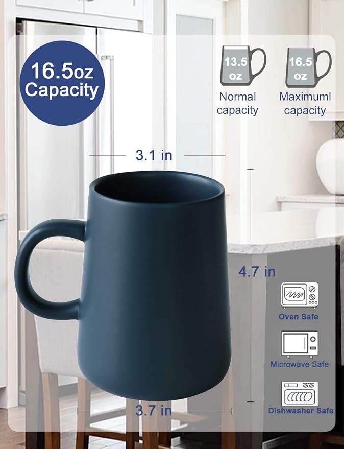 Coffee Mug, Matte Ceramic Coffee Cup, Both Hot & Cold Beverage Tea Cup for Office & Home, Suitable for Dishwasher & Microwave & Oven, 16.5 oz (Royal Blue) - Image 5