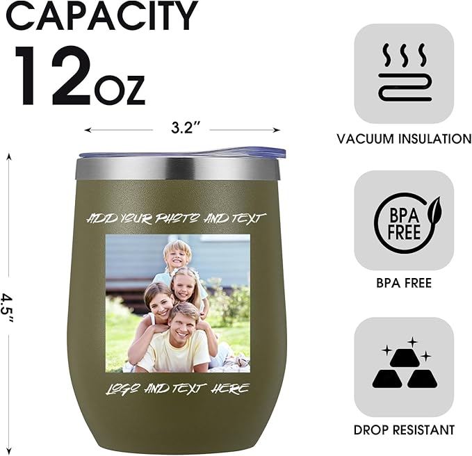 24 Pack Personalized Wine Tumbler,12oz Custom Stainless Steel Coffee Mug,Tumblers with Lids,Customizable with Picture and Names Engraving,Suitable for Woman,Men,Families and Travel