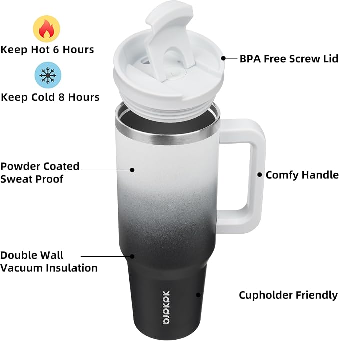 BJPKPK 40 oz Insulated Tumbler with Handle & Straw, Stainless Steel | Double Wall Vacuum Insulation, Leak Proof, BPA Free, Dishwasher Safe, Cupholder Friendly, Travel & Outdoor, Day & Night - Image 2