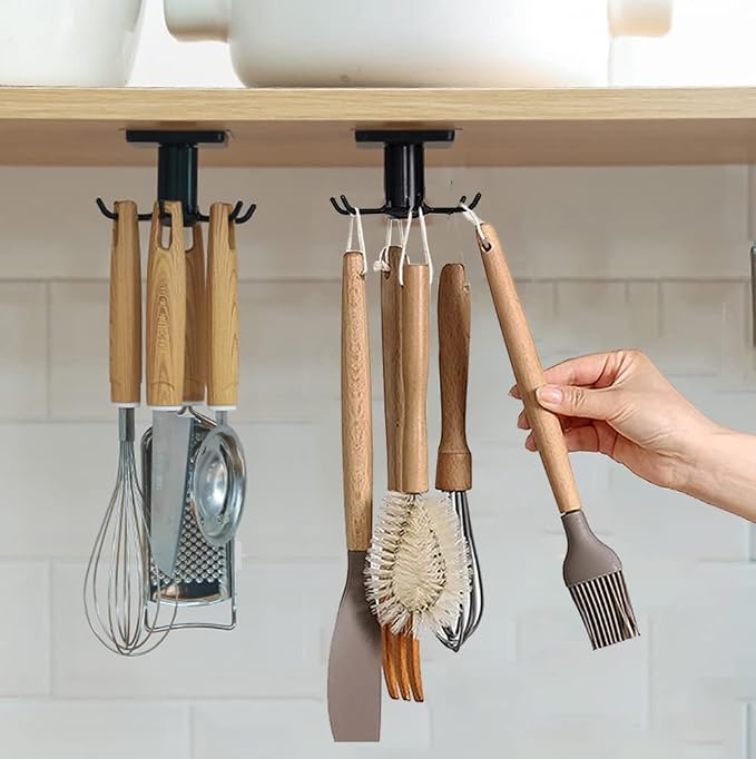2pcs Under Cabinet Kitchen Utensil Hooks,360° Rotating Drilling Free Adhesive Utensils Hanging Rack for Tools/Towel/Knife (Black) by EigPluy