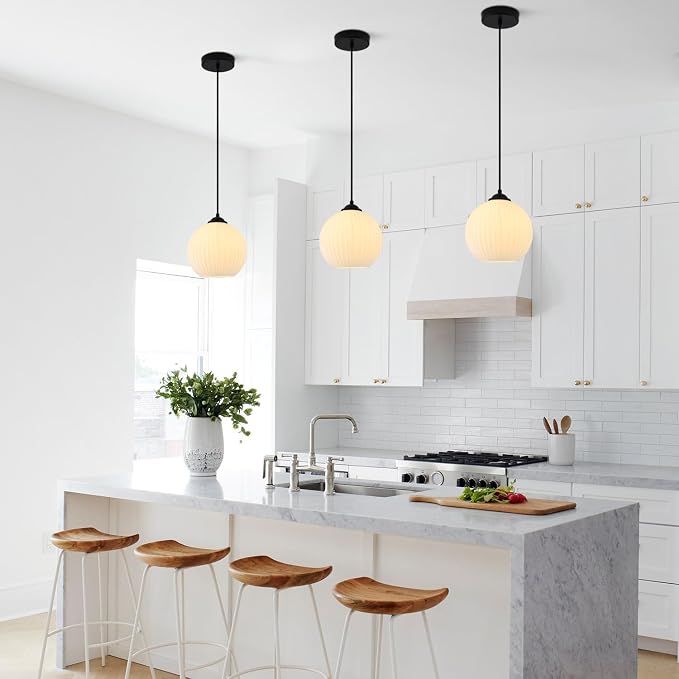 KCO Lighting Mid Century Modern Black 7.9” White Milk Glass Pendant Light | E26 Hardwired Adjustable Cord for Sloped Ceilings Farmhouse Vintage Ribbed Glass Hanging Light for kitchen island Dining Room - Image 5
