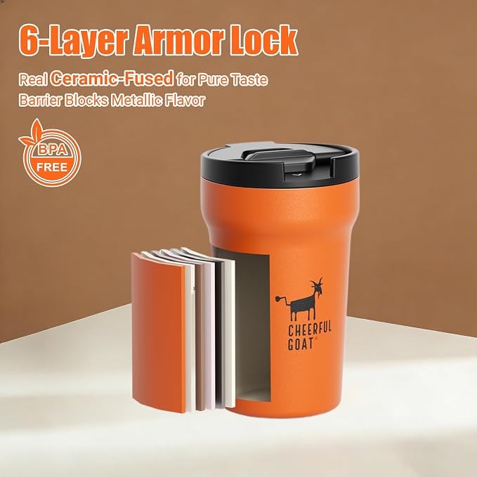 CHEERFUL GOAT Insulated Coffee Mug – Stainless Steel Travel Coffee Tumbler with Ceramic Liner, 12oz Coffee Cup for Hot and Cold Water Coffee at Home, Office, or On the Go (orange) - Image 7