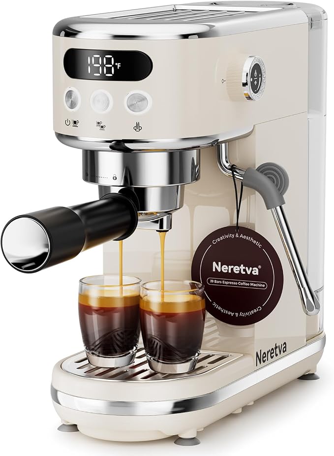 Neretva Espresso Machine 20 Bar Super Compact Espresso Coffee Machine-Beige | Professional Stainless Steel Espresso Maker with LED Display and Powerful Steam for Home Baristas to Make Latte, Cappuccino by CreativelyAesthetic