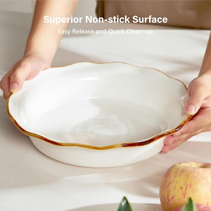 ONEMORE 9-Inch Deep Dish Pie Pan - Ceramic Pizza Pan for Oven, Baking Chicken Pot Pie, Quiche & Tarts - Rustic White Dish for Perfectly Crispy Crust, Large Ruffled Baking Plate - Image 6