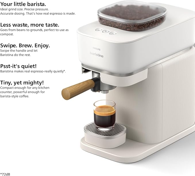 PHILIPS Baristina Espresso Machine, Grind, Tamp & Brew Coffee Beans in One Swipe, Compact, 16 Bar Pump Pressure, Automatic Grinder, Natural White with Ash Wood Portafilter (BAR302/20) - Image 11
