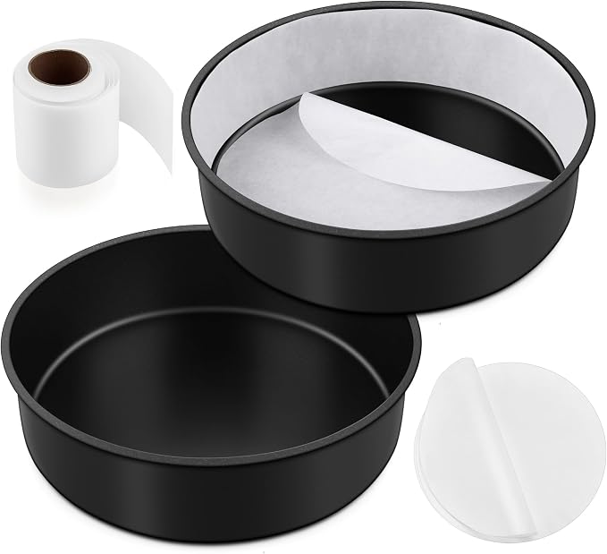 E-far 9.5 Inch Cake Pans Set of 2, Nonstick Stainless Steel Small Round Baking Pans with Parchment Paper & Side Liner Roll, Stainless Steel Core & Non-toxic Coating, Straight Side & 2 Inch Deep by E-far