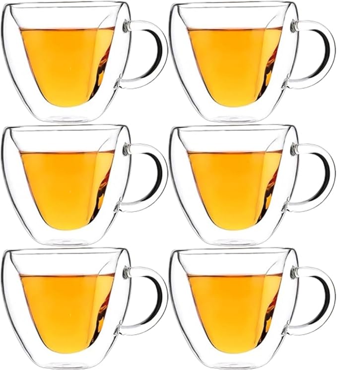 Heart-Shaped Double Wall Coffee Mugs, Set of 6 Insulated Glass Cups, 8.5 oz - Ideal for Coffee and Tea (8.5oz,6pcs)
