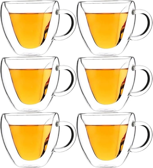 Heart-Shaped Double Wall Coffee Mugs, Set of 6 Insulated Glass Cups, 8.5 oz - Ideal for Coffee and Tea (8.5oz,6pcs)