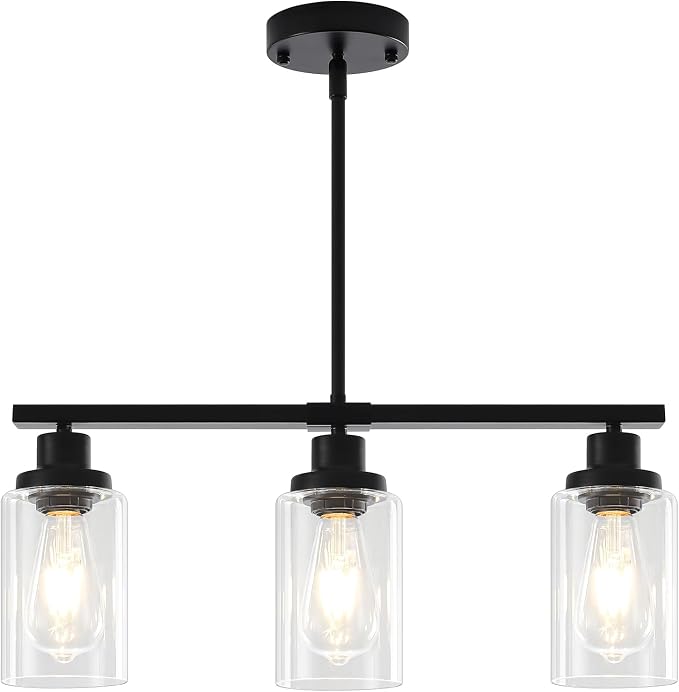 Modern Island Lights for Kitchen Black Dining Room Light Fixtures | 3-Light Linear Chandelier Over Table, 21.25'' Farmhouse Kitchen Island Lighting Clear Glass Shades, Adjustable Height - Image 8
