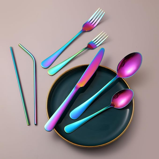 56 Pieces Mirror Rainbow Silverware Service for 8 Flatware Set Stainless Steel Utensils Cutlery Set Dishwasher Safe - Image 4