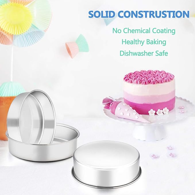 E-far 6 Inch Cake Pan Set of 3, Stainless Steel Round Smash Cake Baking Pans Tins, Non-Toxic & Healthy, Mirror Finish & Dishwasher Safe - Image 4
