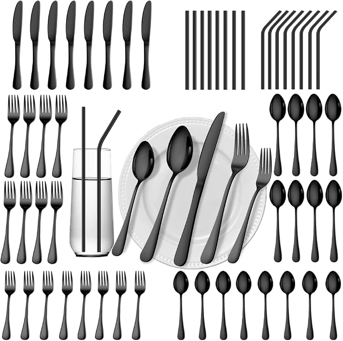 56 Pieces Black Silverware Service for 8 Flatware Set Stainless Steel Utensils Cutlery Set Dishwasher Safe by Gutuwellea