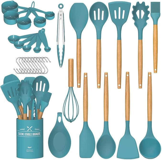 Umite Chef Kitchen Cooking Utensils Set, 33 pcs Non-stick Silicone Utensils Spatula Set with Holder, Silicone Kitchen Gadgets Utensil Set(Dark Blue) by UmiteChef