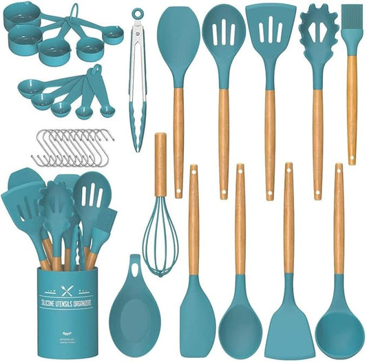 Umite Chef Kitchen Cooking Utensils Set, 33 pcs Non-stick Silicone Utensils Spatula Set with Holder, Silicone Kitchen Gadgets Utensil Set(Dark Blue) by UmiteChef