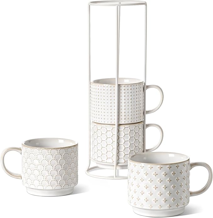 LE TAUCI Stackable Coffee Mugs Set with Stand, Ceramic Embossment Coffee Cups for Au Lait, Cappuccino,Latte,Cafe,Mocha,Tea, Suit For Housewarming Wedding - 12 oz, Set of 4,Arctic white by LETAUCI