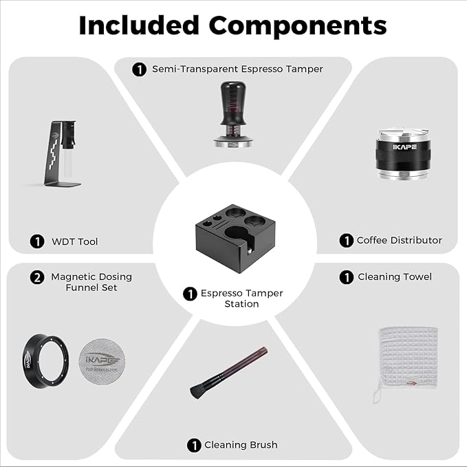 IKAPE 53.3MM Black Espresso Tool Set 8 IN 1, Coffee Tamper, Distributor, Magnetic Funnel, Puck Screen, Tamper Station, Stirrer Distribution Tool, Cleaning Towel and Brush