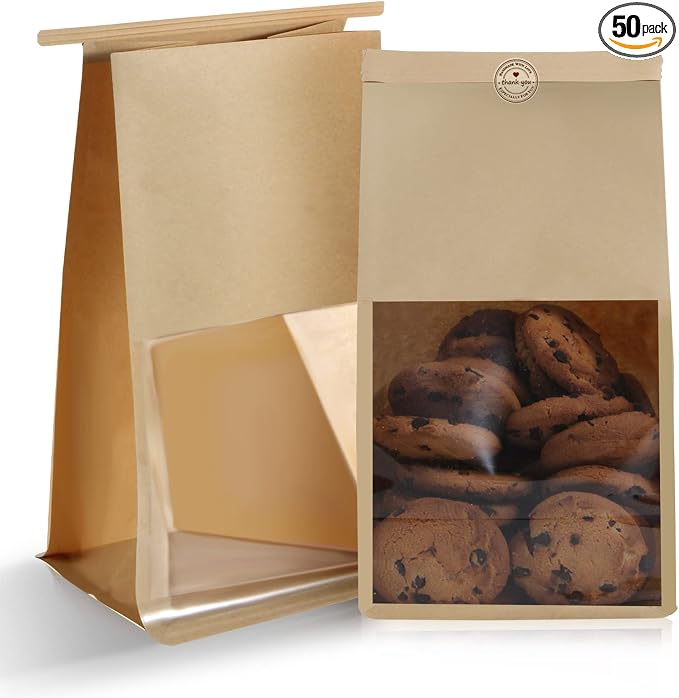 50pcs Bakery Bags with Window, 5.1x4.3x11 Inches Cookie Bags for Packaging, Brown Kraft Paper Tin Tie Tab Lock Bag for Bun, Candy, Nuts, Coffee Bean, Cookie for Gift Giving by AeKahtay