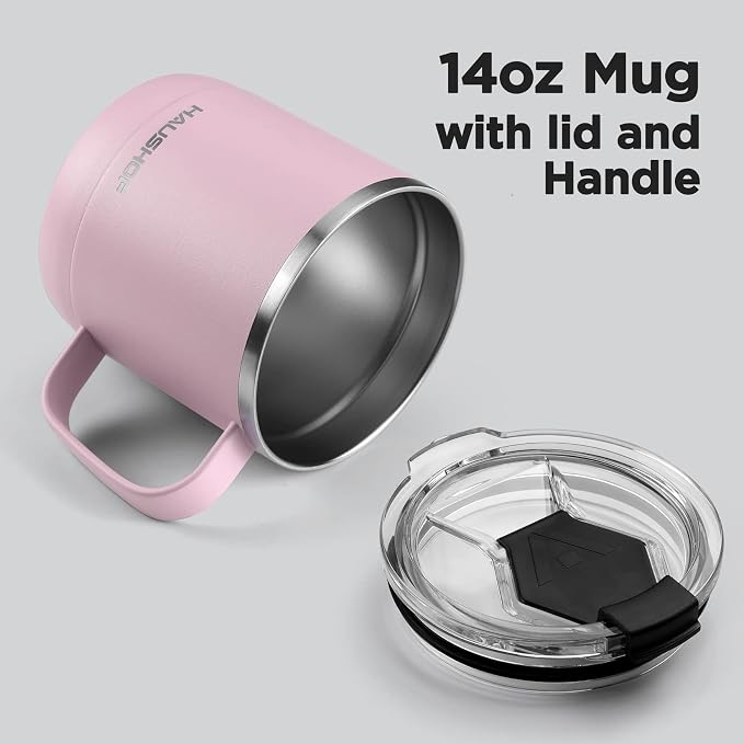 HAUSHOF 14 oz Coffee Mug, Insulated Coffee Mug with Handle, Travel Camping Cup, Portable Stainless Steel Coffee Cup, Insulated Coffee Cups with Lid, Pink - Image 4