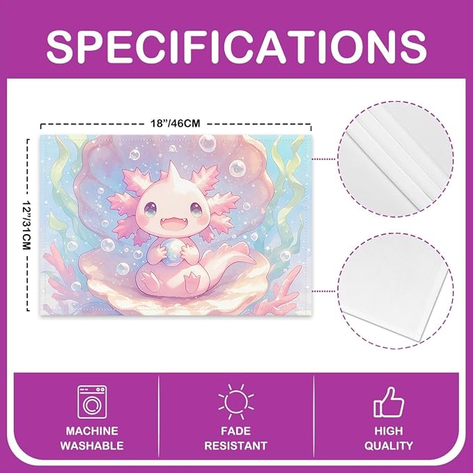 Feelyou Cute Axolotl Placemats Set of 4 12"x18" Cartoon Salamander Placemats for Dining Table Indoor Outdoor Kitchen Kawaii Ocean Sealife Table Mats Placemat Ocean Decor Table Place Mats Pink - Image 4