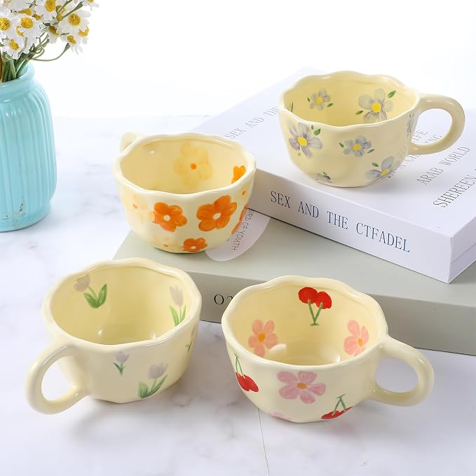 Lemecima 4 Styles Cute Ceramic Flower Coffee Mug Set 8.5 oz Vintage Aesthetic Porcelain Floral Tea Coffee Cup with Handle Dishwasher Microwave Safe for Thanksgiving Christmas Gifts for Women Gifts - Image 6
