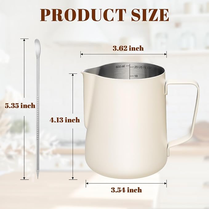 Amrules Milk Frothing Pitcher, 20oz Milk Frother Cup with Clear Scale, 304 Stainless Steel Cappuccino Espresso Machine Accessories for Barista Coffee Bar with Latte Art Pen, White - Image 2