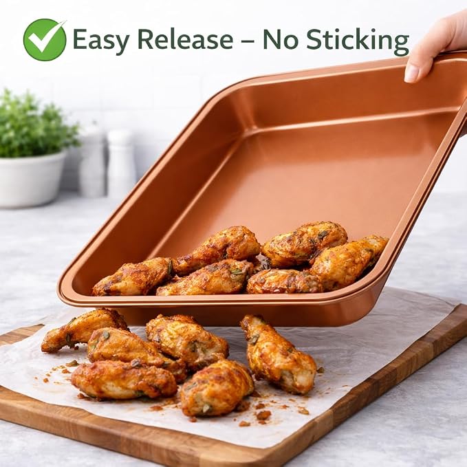 Copper Nonstick Cookie Sheet Baking Pan, Large Rectangular Bakeware Tray with Easy-Grip Rim, Durable Baking Sheet for Cookies, Roasting Vegetables, Pastries & More - Image 4