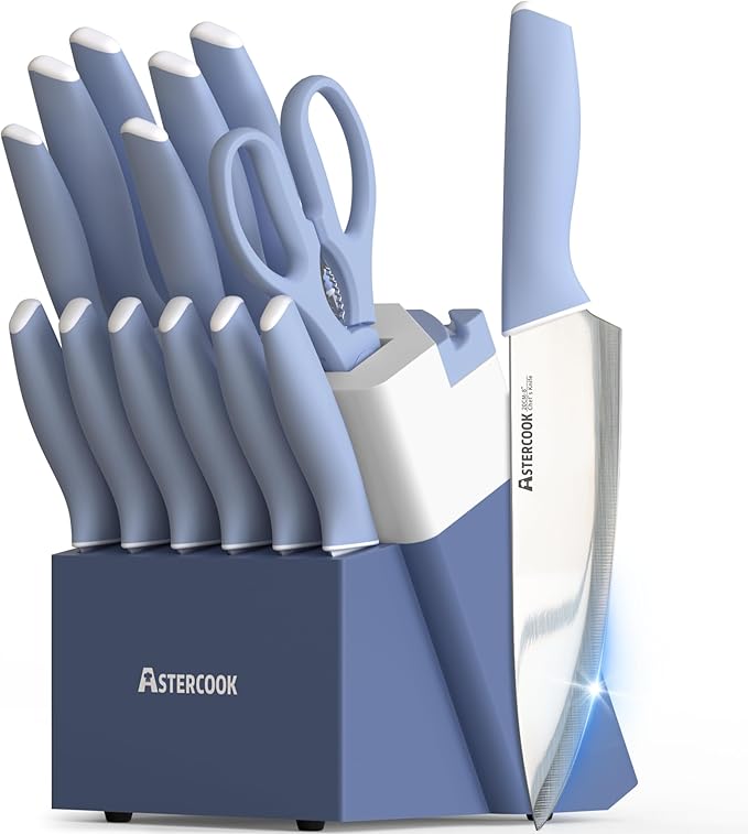 Astercook Kitchen Knife Set with Block and Sharpener 15 Piece German High Carbon Stainless Steel Knives Sharp Blade Dishwasher Safe Deba Knives with Ergonomic Handle, Delicate Blue by Astercook
