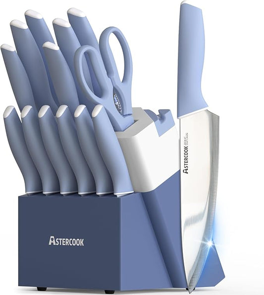 Astercook Kitchen Knife Set with Block and Sharpener 15 Piece German High Carbon Stainless Steel Knives Sharp Blade Dishwasher Safe Deba Knives with Ergonomic Handle, Delicate Blue by Astercook