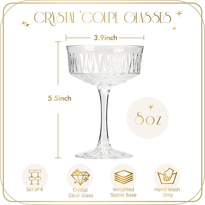 VIMERPA Coupe Glasses, Martini Glasses Set of 4, Vintage Champagne Coupe Glasses, 8oz Large Martini Glass, Crystal Retro Style Cocktail Glass for Elegant Bar Drinks, Vintage Art Deco Glassware - Image 2