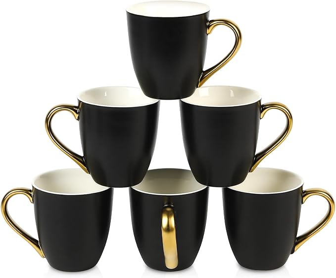 vicrays Coffee Mug Set, 11 Ounce, Set of 6, Ceramic Mug for Men, Women, Unique Glazed Mugs with Handle for Coffee, Tea, Milk, Cocoa, Cereal(Black with Golden) by VicraysCeramic
