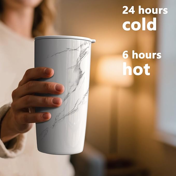 TILUCK 20 oz Insulated Coffee Tumbler with BPA-Free Lid | Travel Coffee Mug, Dishwasher Safe, Cup Holder Friendly, Double-Wall Vacuum Insulation for Hot & Cold Drinks, Marble - Image 3