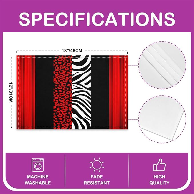 Feelyou Kids Leopard Zebra Placemats Set of 4 18"x12" Ombre Red Black Table Place Mats, Set for Decor Cheetah Placemat for Kitchen Dining Table Decor Indoor Outdoor Animal Print - Image 4