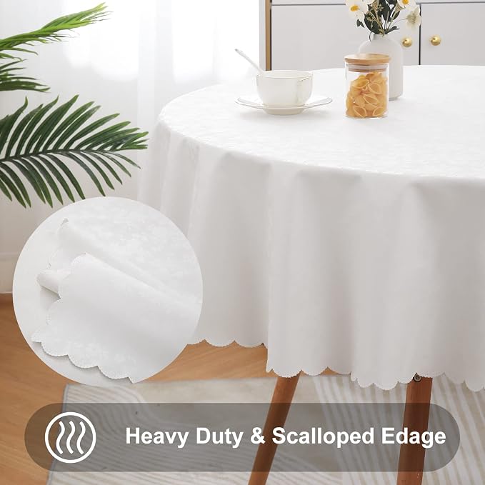 Smiry Round Waterproof Heavy Duty Vinyl Tablecloths, 70 x 70 Inch | Wipeable Washable Floral Embossed Table Cover for Kitchen and Dining Room, Indoor & Outdoor Use, White - Image 5