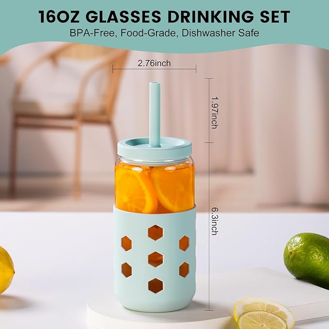 Glass Cups with Lids and Straws (4 Pcs), 16oz Drinking Glasses Set with Silicone Sleeves for Coffee Bar Accessories Iced Coffee Cups with Lids, Glass Tumbler Reusable for Gifts