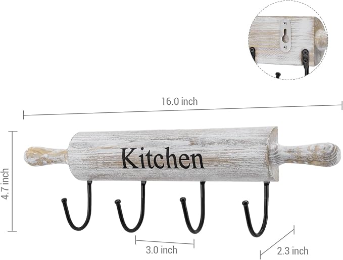 MyGift White Washed Wood Kitchen Utensil Rack with 4 Hooks, Wall Mounted | Rustic white wood and a rolling pin design add charm to this wall rack with four hooks for aprons, towels, mugs, and utensils - Image 6